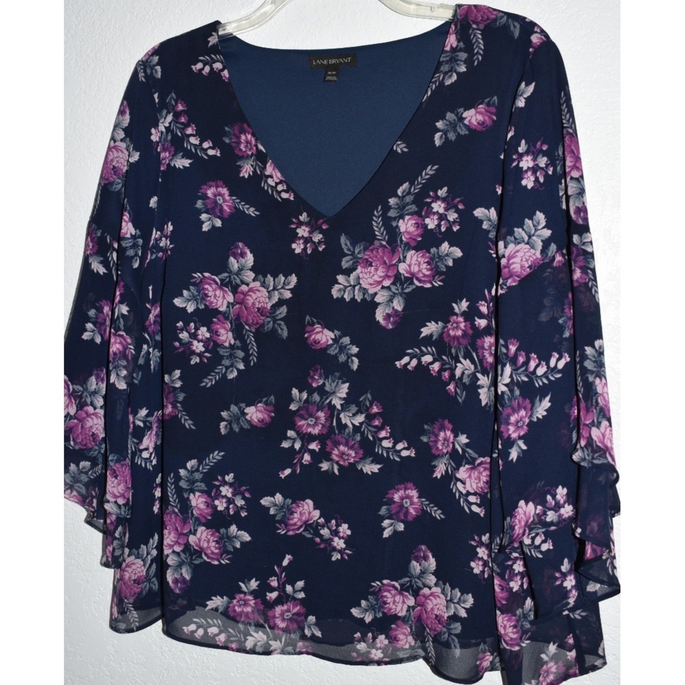 Lane Bryant Top 18/20 Navy Floral Lined V-Neck Ruffle Flutter Sleeve Lightweight - Picture 11 of 16